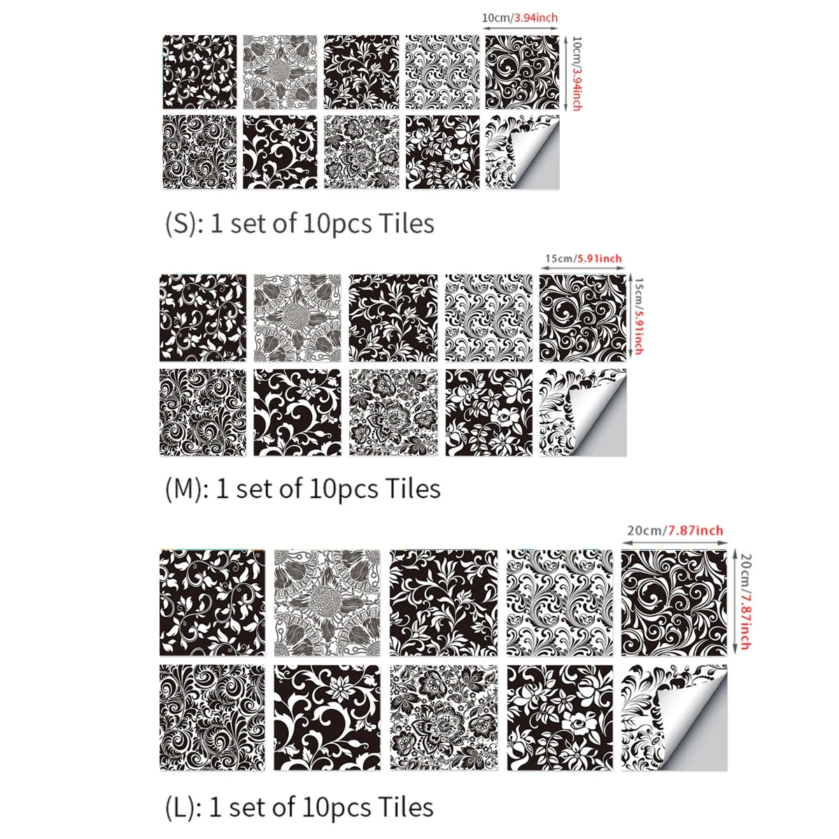 10 pcs/pack, Black and White Floral hard PVC Self-Adhesive Tile Stickers - Waterproof, Oil-Proof, Easy to Clean for Home Decor