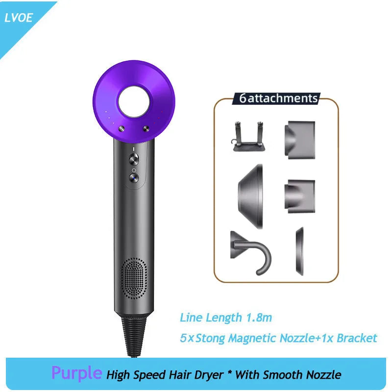 Purple 1600W high-speed ionic hair dryer with 6 magnetic attachments and stand for professional salon results.