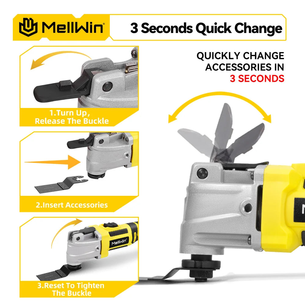 MELLWIN Brushless Oscillating Multi Function Tool Electric Saw Polisher Woodworking Cutting Tool For Makita 18V Battery Pin