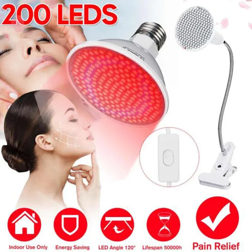 Round red light therapy LED bulb device with clip stand for skincare and pain relief, featuring 200 LEDs.