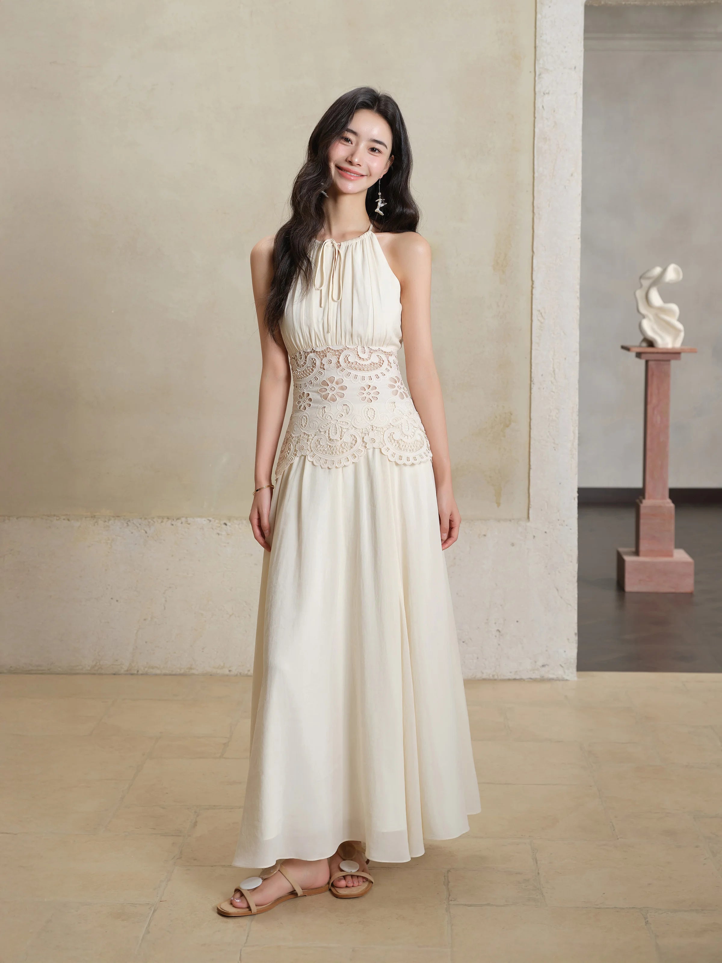 Lace Halter Maxi Dress Women Summer A-Line Slim Fit French Style Elegant Long Dress Hollow Out Sleeveless Fake Two-Piece Outfit