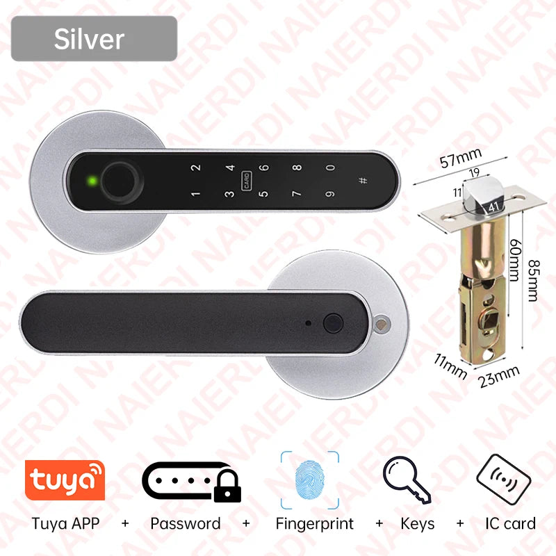 NAIERDI 5-in-1 Smart Fingerprint Door Lock Tuya APP Bluetooth Keypad IC Card Keyless Digital Door Knob for Hotel Office Bedroom