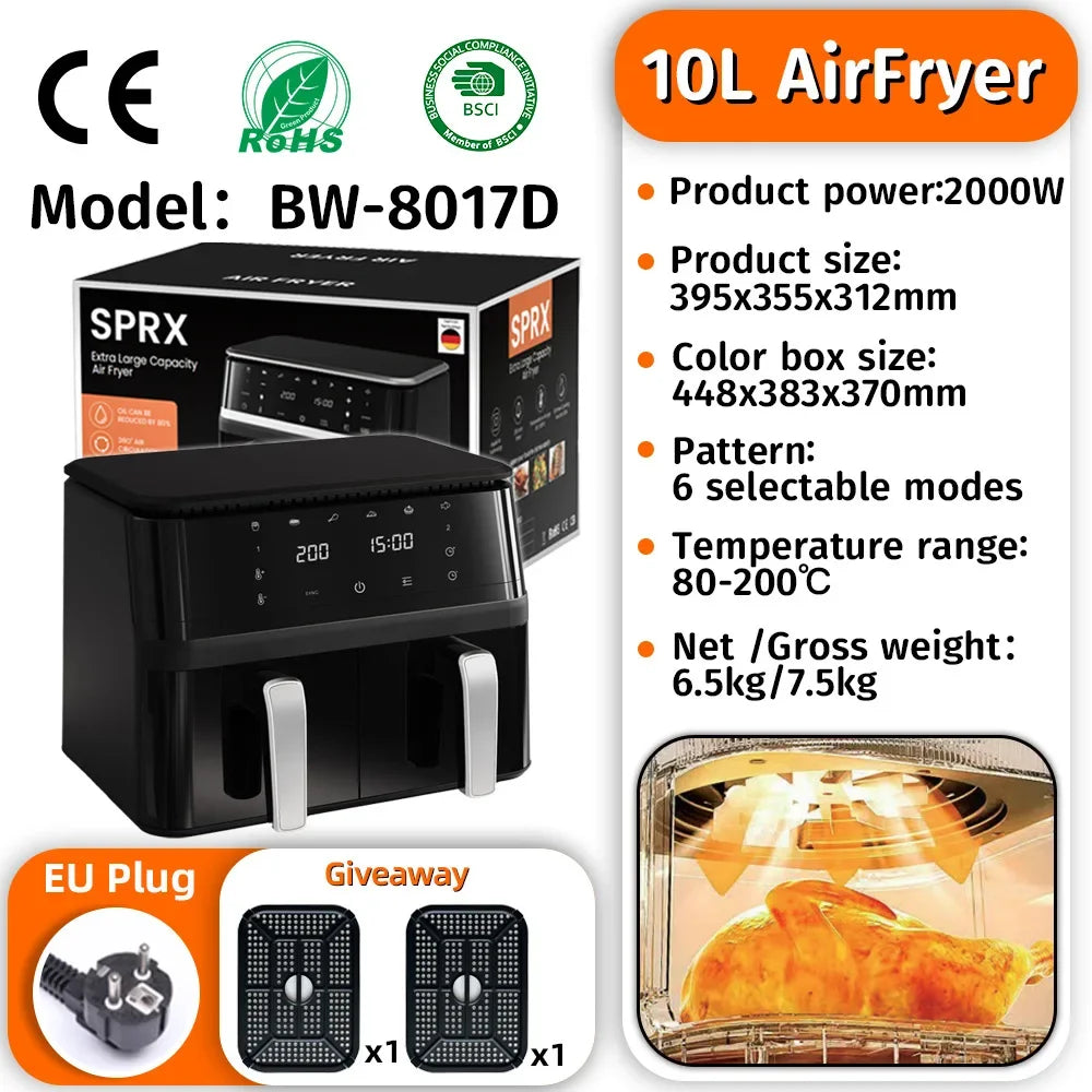 Black 10L air fryer with digital display and front viewing window