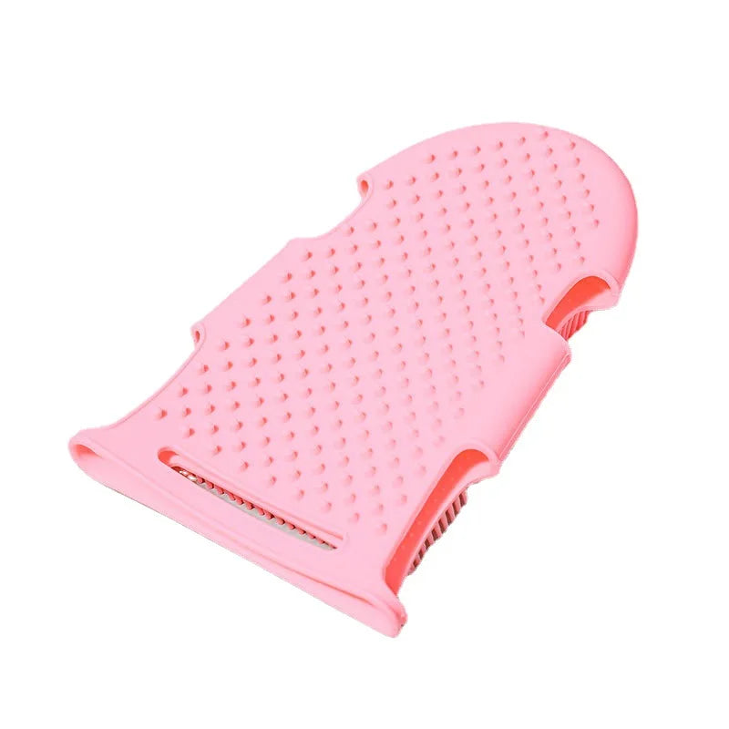 Pink silicone pet bath glove for gentle massage, deep cleaning, and removing shedding fur during grooming.