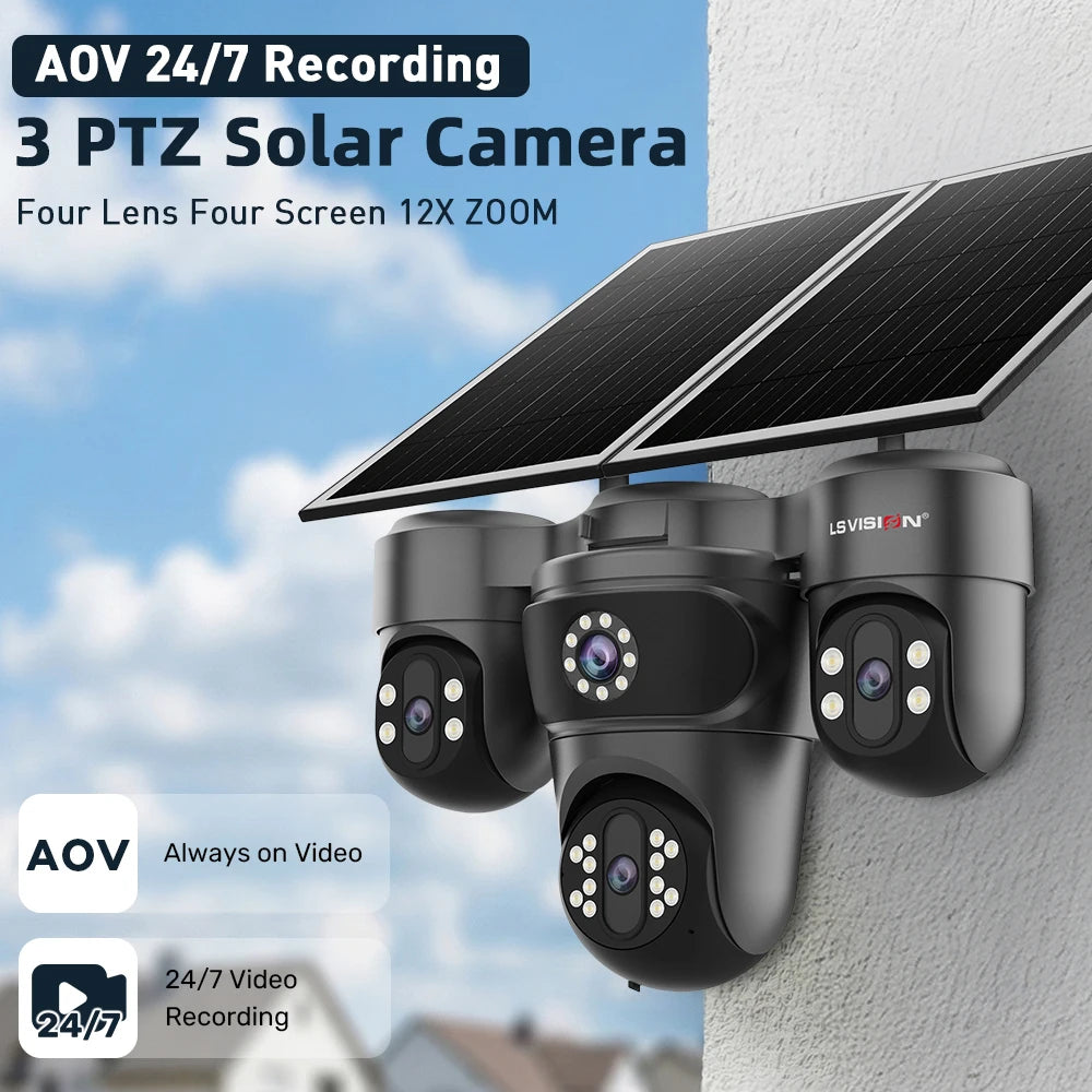 LS VISION 4-Screen 12X Optical Zoom Solar Outdoor Surveillance Camera 4G SIM AOV 24/7 Video Recording Cam Ai Auto Zoom Tracking