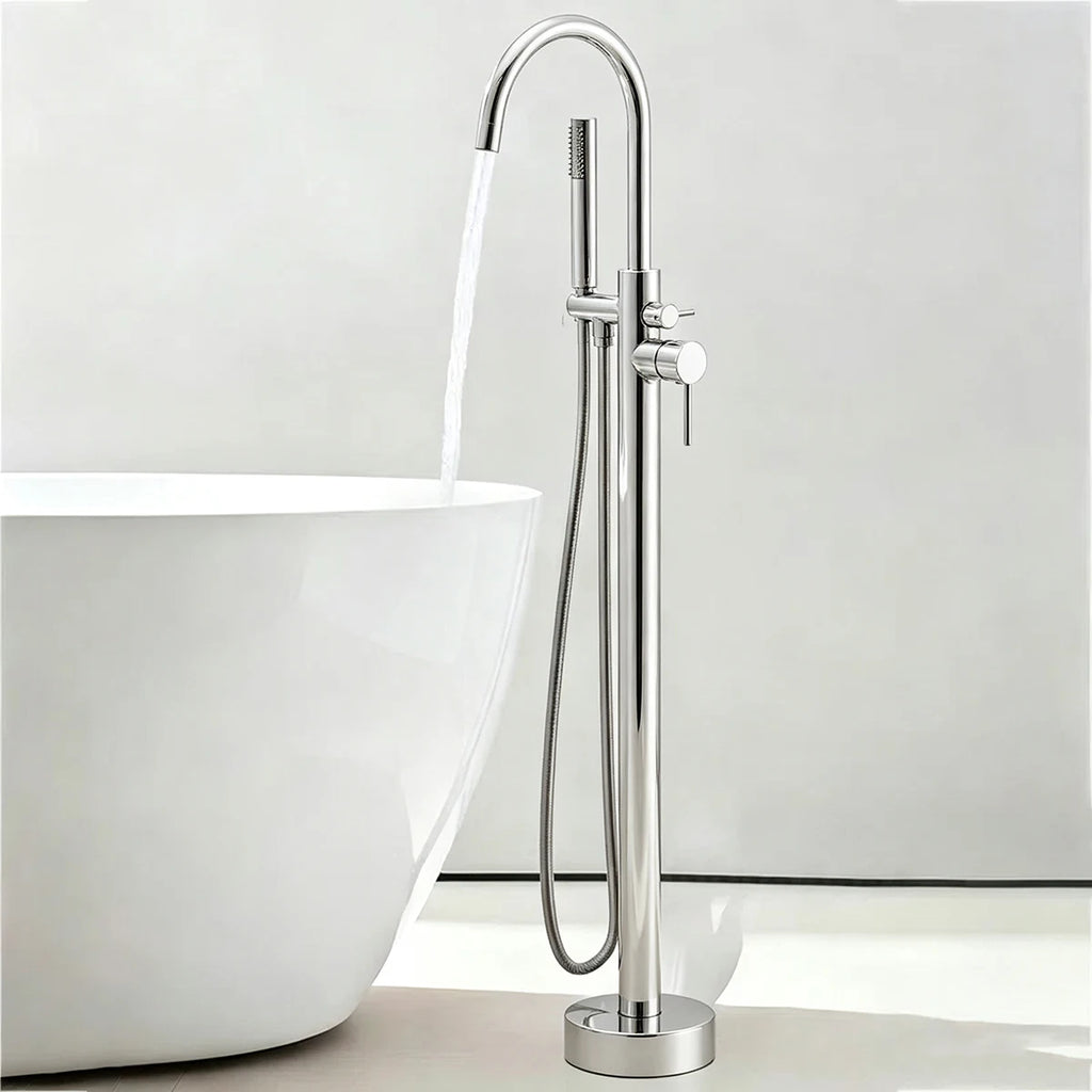 【Local Stock】Floor Free Standing Bathtub Faucet Mixer Single Handle Hot Cold Water Mixer Rotation with Handshower Bathtub Shower