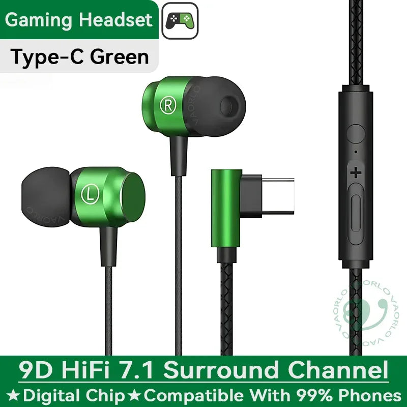 Metal Magnetic Gaming Earbuds 90° L Elbow Digital Type-C/3.5MM AUX 9D Surround HIFI Heavy Bass Music Headset For Samsung Android Type-C Green Tidesmit