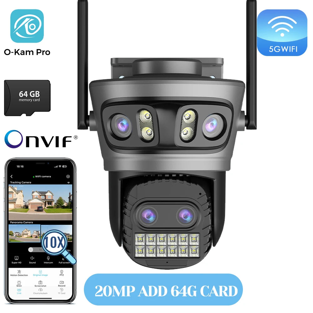 PTZ outdoor security 5G WiFi camera with dual antennas, matte black, quad-lens front, 64GB.
