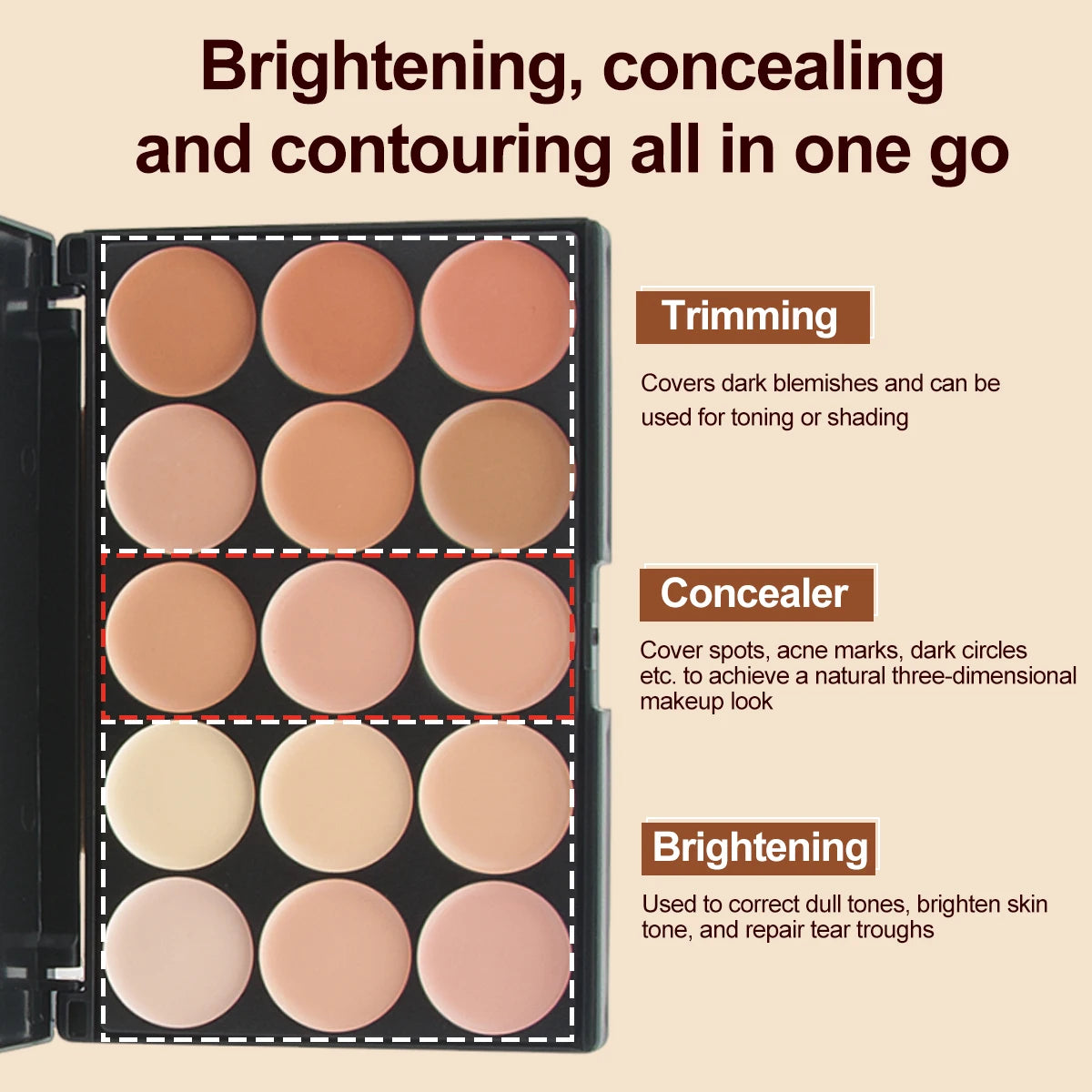 Tidesmit 15 color multifunction concealer palette waterproof cream makeup for acne marks and dark circles swatch