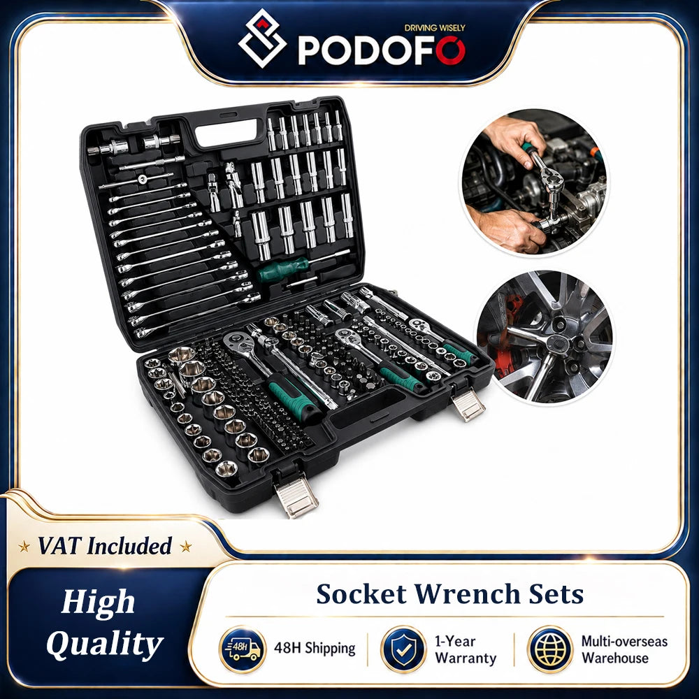 Podofo 216Pcs Socket Wrench Sets 1/4" 3/8" 1/2" Socket Wrench Sets with 24-Tooth Ratchet Wrench Ergonomic Ratchet Wrench Mechanic Tool Set For Automotive Motorcycle Repair & Home, Garage, Professional Automobile Maintenance