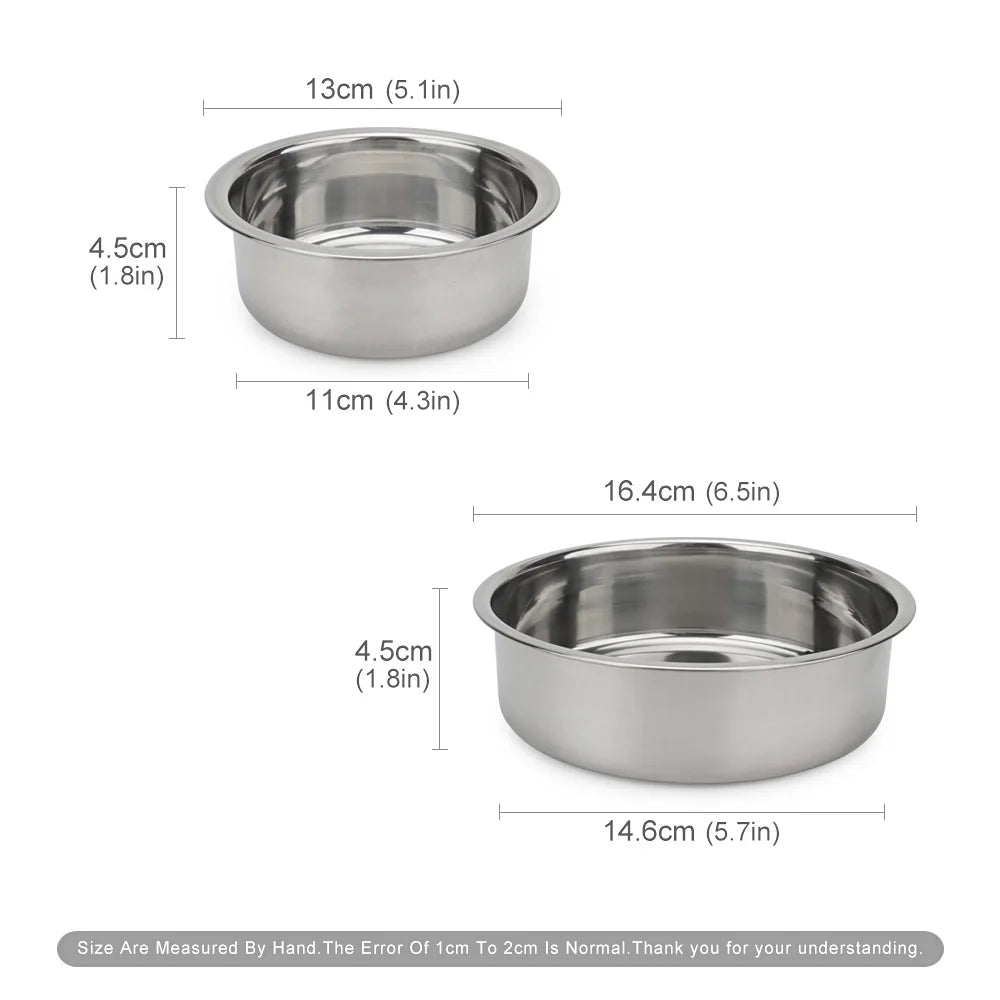 Durable stainless steel dog and cat bowls for food or water. Easy-to-clean round pet bowls in two small-medium sizes.
