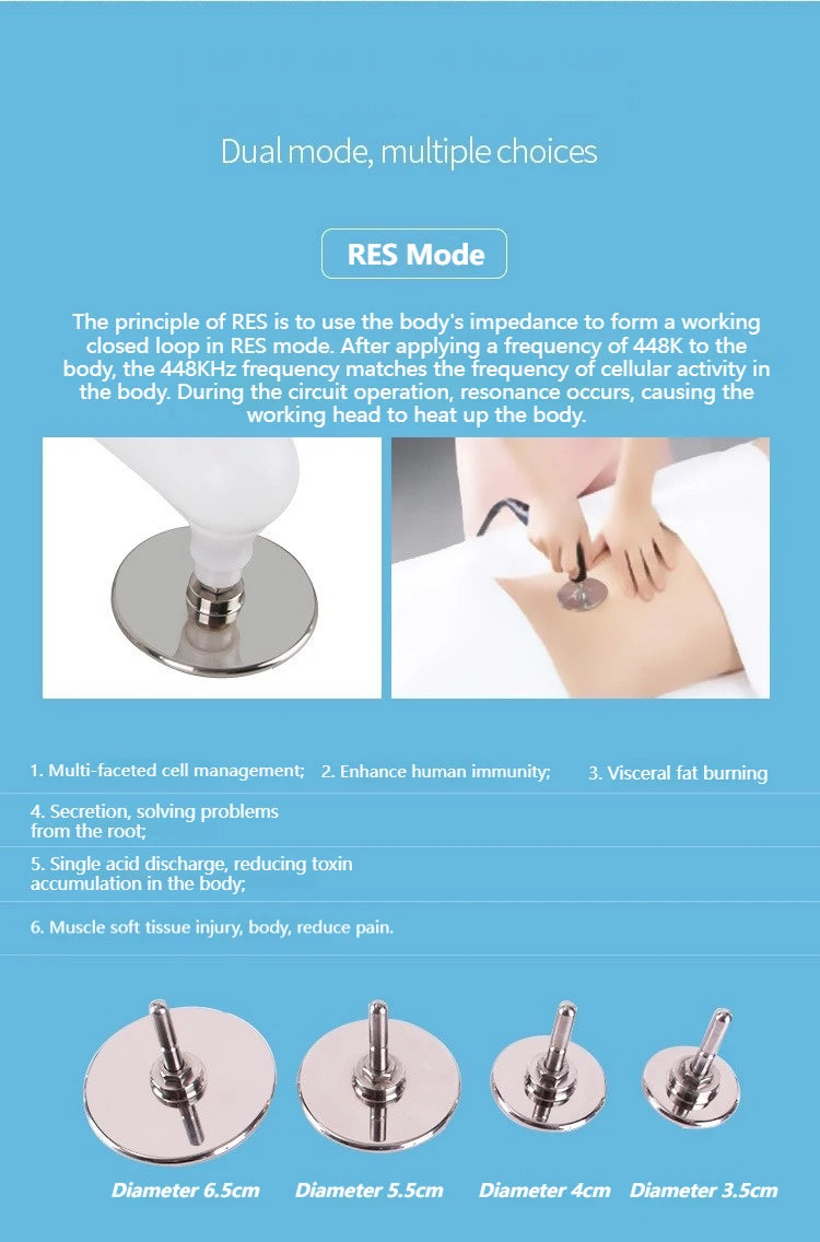 448KHz Tecar RF beauty device with professional RET CET monopolar metal electrode pads for body sculpting and therapy.
