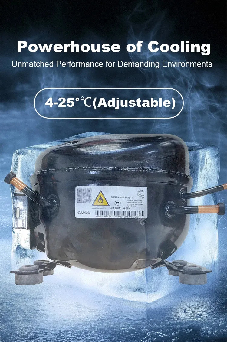 Refrigerated vending machine compressor with cooling temperature range label