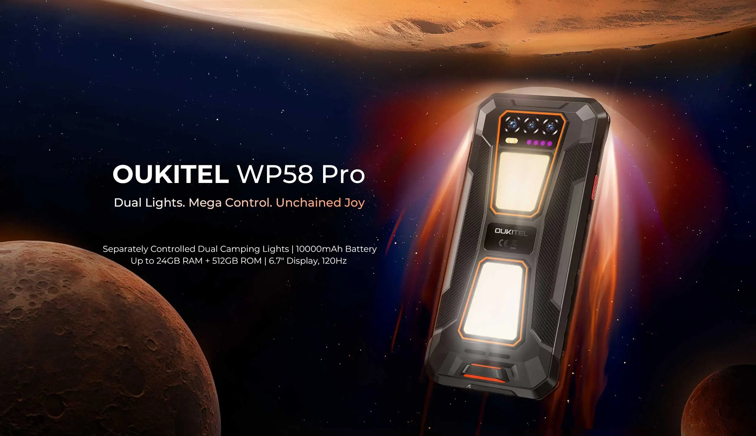 OUKITEL WP58 PRO 5G Rugged Phone 24GB(8+16) RAM + 512 ROM, 6.7'' HD 10000mAh 33W Android 15 NFC Cellphone with Dual Camping Lamp