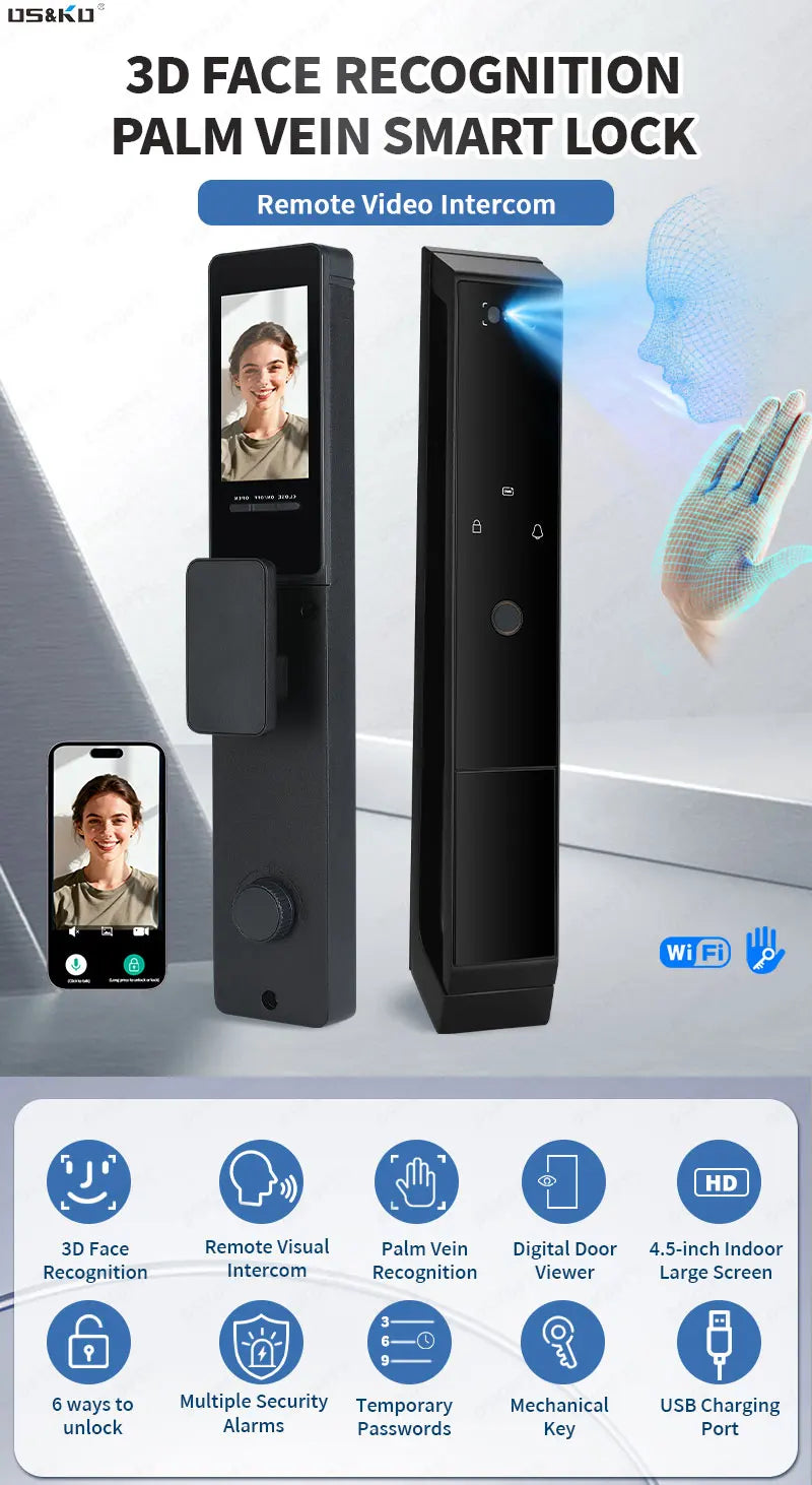 TTLOCK Smart Door Lock WiFi 3D Facial Recognition Electronic Lock Password Security Lock With Camera Biometric Door Lock For Hom
