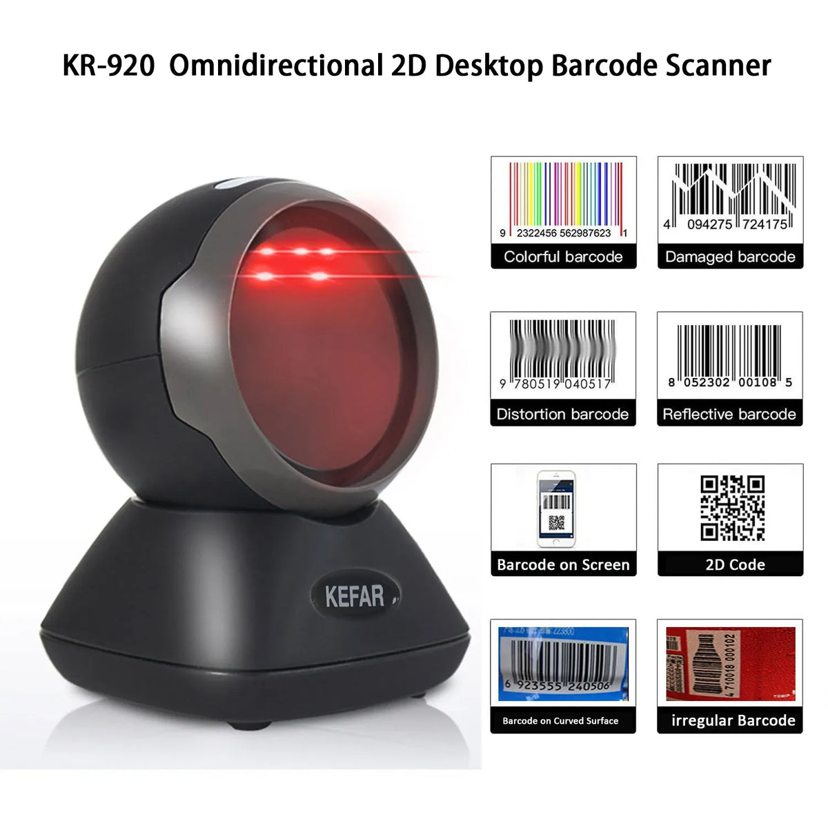 Black omnidirectional 2D desktop barcode scanner with red scan beam and barcode icons
