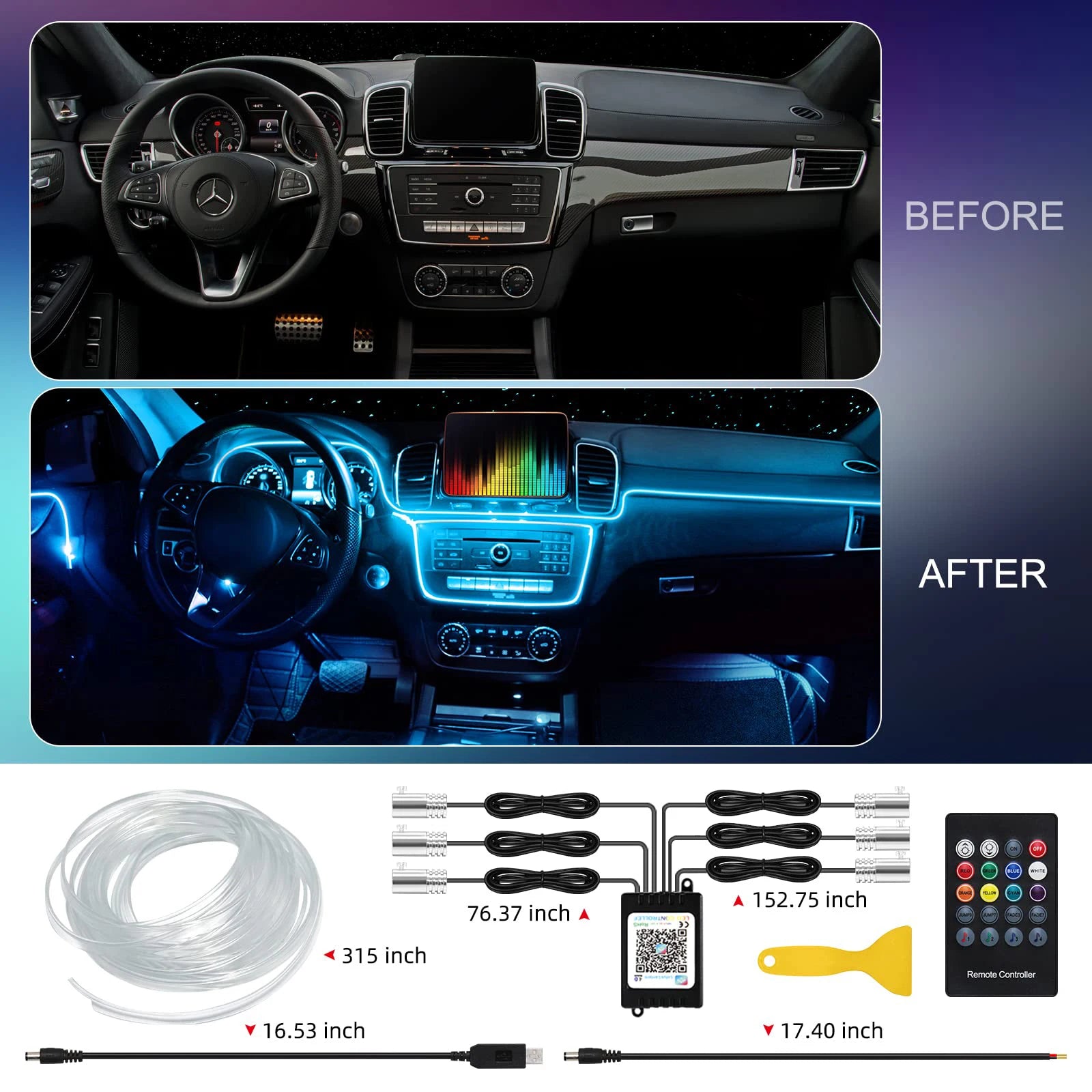 LED Car Interior Ambient Lighting Kit with RGB Smartphone Control Tidesmit