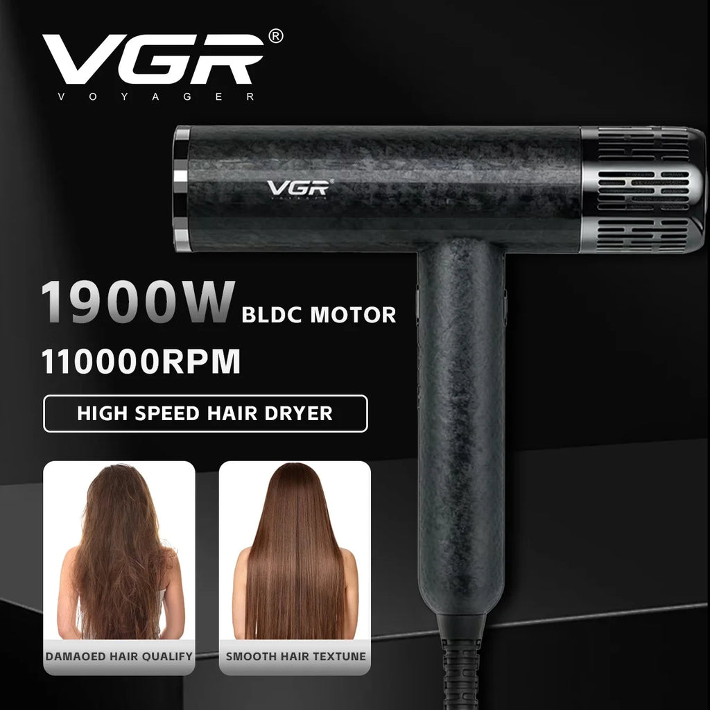 VGR V-640HD professional high-speed hair dryer with 1900W BLDC motor and sleek black textured finish for salon use.