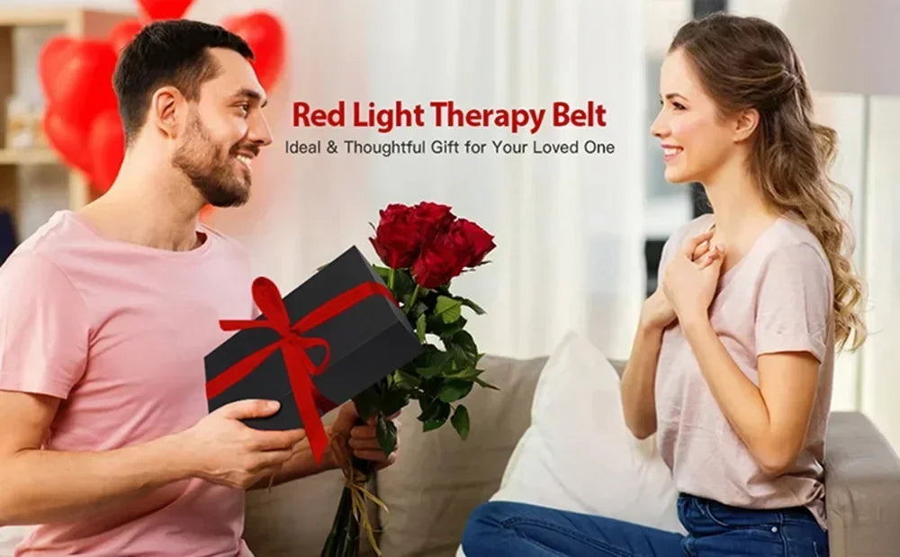 Man gifting a red and infrared LED light therapy belt wrap for back pain relief and slimming to a woman.