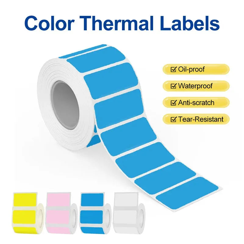Blue thermal label sticker roll with white backing and rectangular label faces
