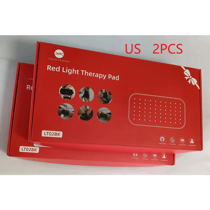 Two red boxes for Yohotesion portable infrared red light therapy belt for back and waist pain relief, 660nm and 850nm.