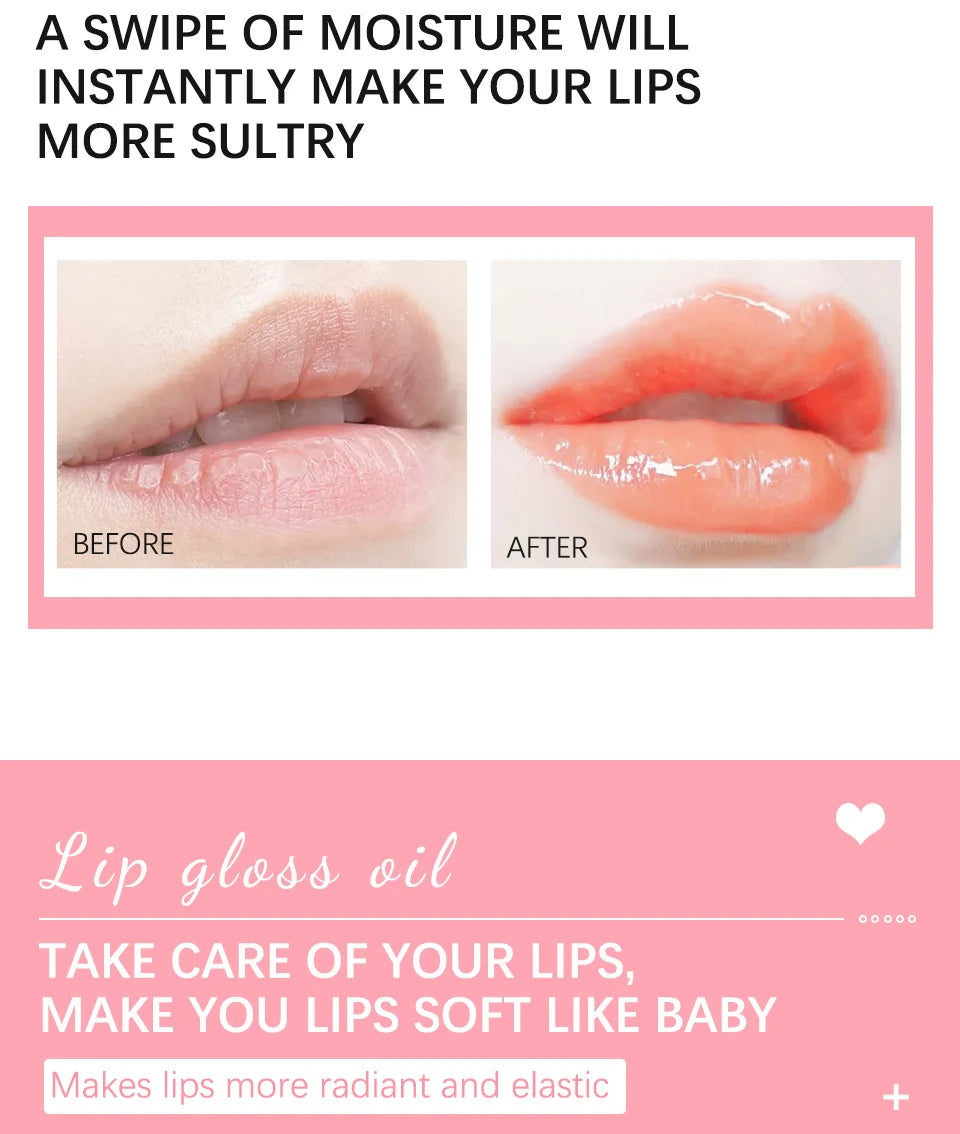 Before and after comparison of moisturizing crystal jelly lip gloss showing shiny, plumping tinted lip oil results.