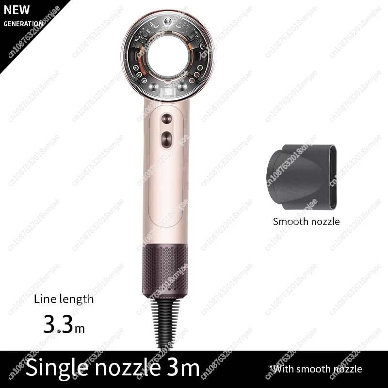Rose gold leafless ionic hair dryer with smooth nozzle attachment and 3.3m cord for professional salon styling.