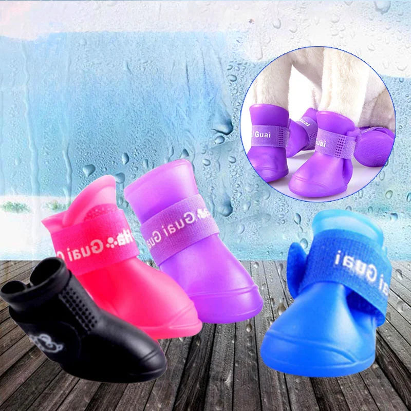 Waterproof, non-slip silicone rain boots for dogs and cats in candy colors for outdoor paw protection and comfort.