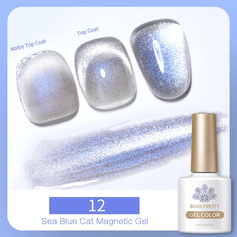 Sea blue magnetic gel polish in a 10ml bottle, showing shimmering silver-blue swatches with matte and glossy finishes.