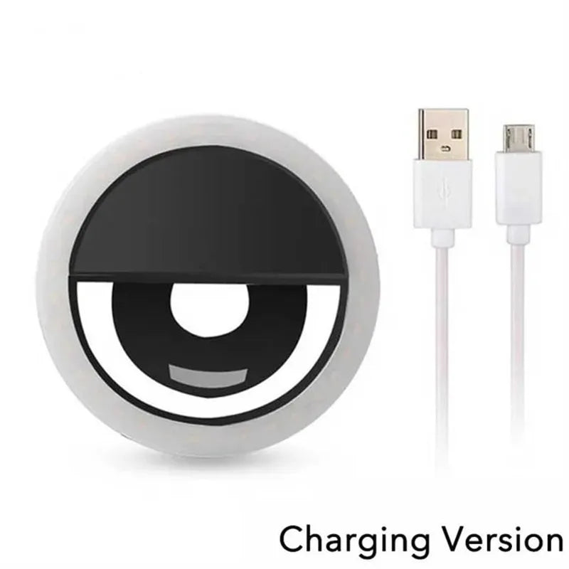 Round black and white LED selfie ring light with a micro-USB charging cable.