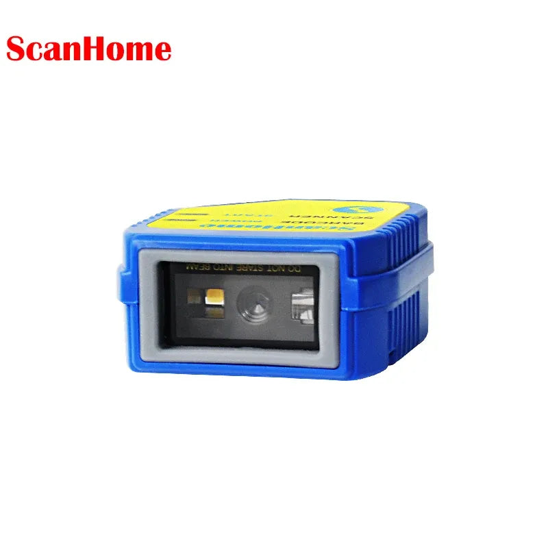 Blue industrial barcode scanner with yellow label and square front scanning window