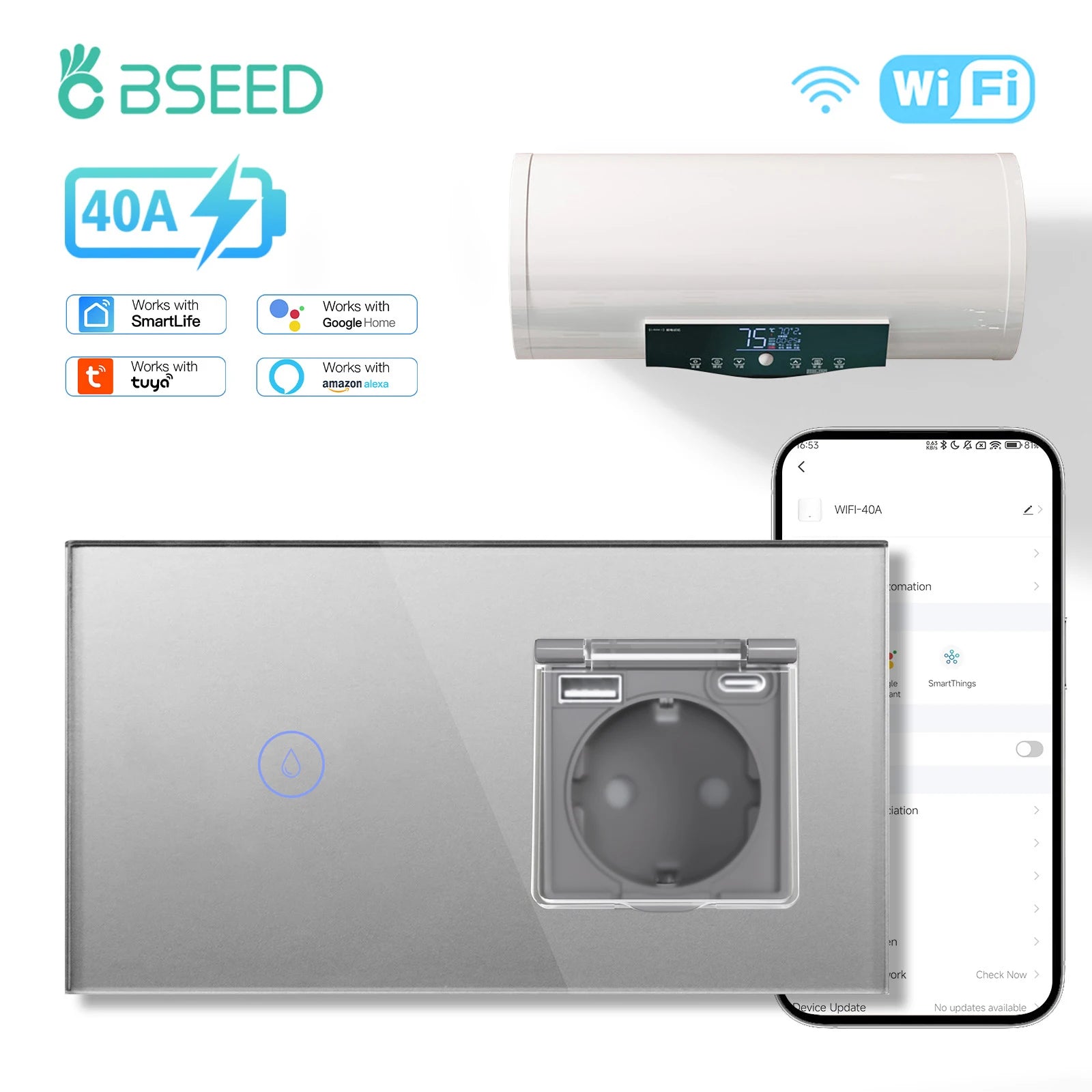 Tidesmit BSEED Matter compatible Wifi smart water heater switch 40A boiler control with EU waterproof socket