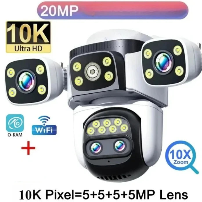 10K Outdoor 10X Optics Zoom WiFi6 Camera 20MP Three screen Four Len PTZ Automatic Tracking 6K Dual Lens Waterproof Security CCTV