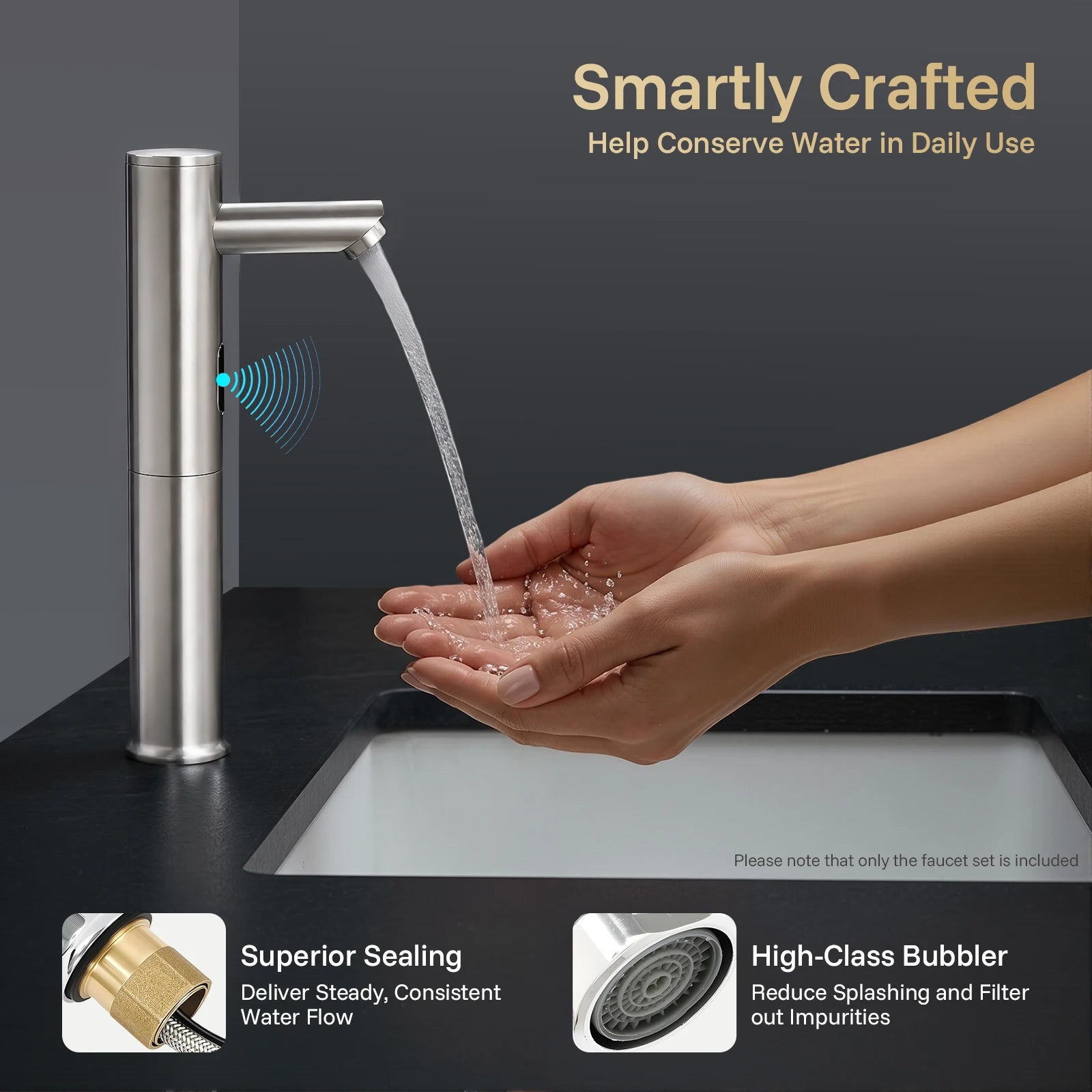 Automatic Sensor Faucet, Touchless Stainless Steel Bathroom Sink Mixer Tap, Hands-Free Cold Water Only with Control Box, Modern Silver Tall Design for Home Hotel Kitchen Hospital, Easy Clean Anti-Rust