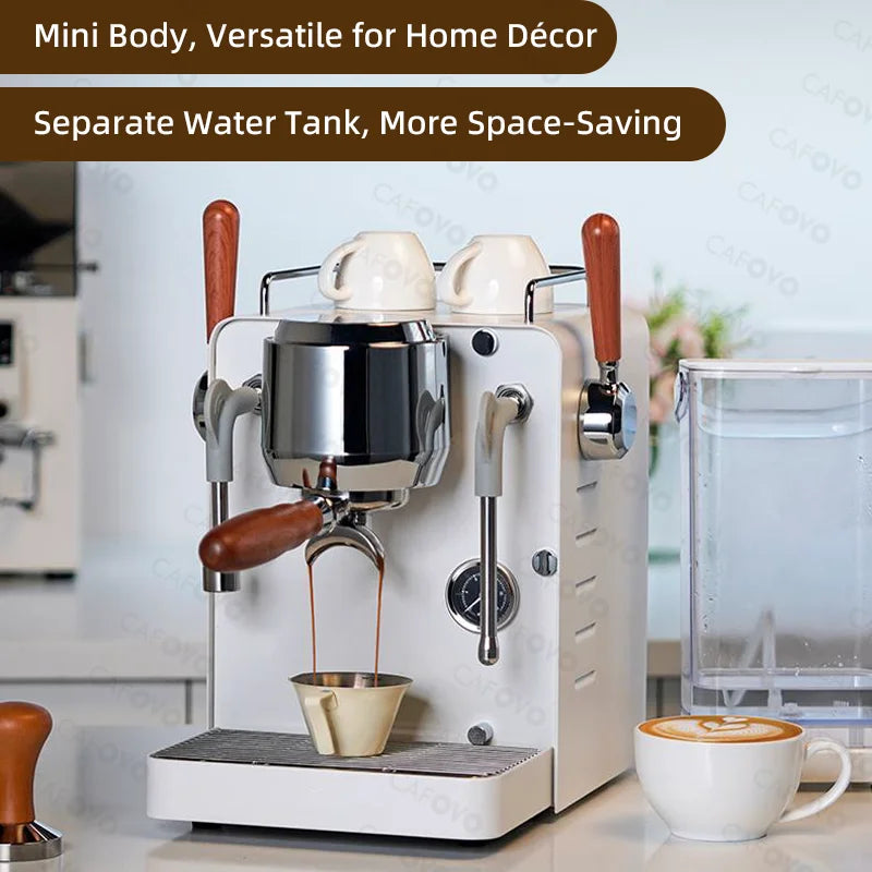 Cafovo white mini espresso machine with chrome accents, wooden handles, and external water tank brewing coffee.