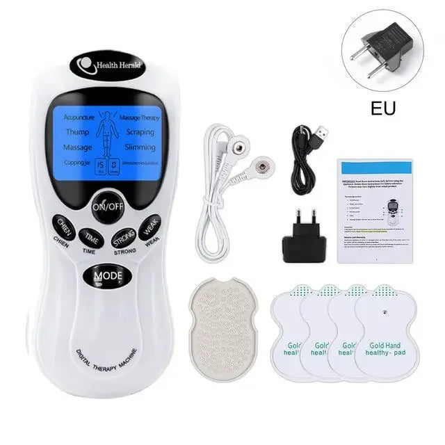 White digital TENS therapy massager with blue LCD screen, electrode pads, USB cable, and EU power adapter.