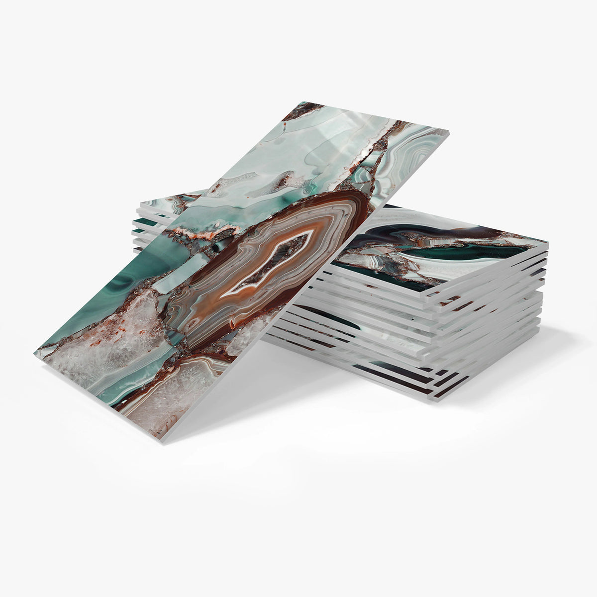Self-adhesive foam marble tile sticker sheets, teal, brown, and white stone marbling
