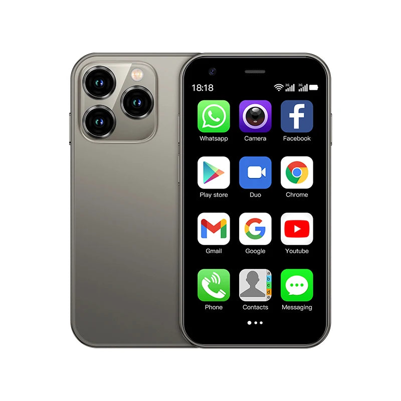 Mini 4G smartphone in gray, front display and dual rear cameras