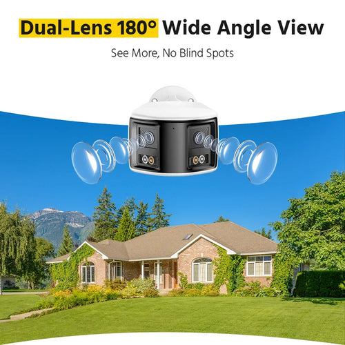 White dual-lens outdoor security camera, dome top view with two lens modules
