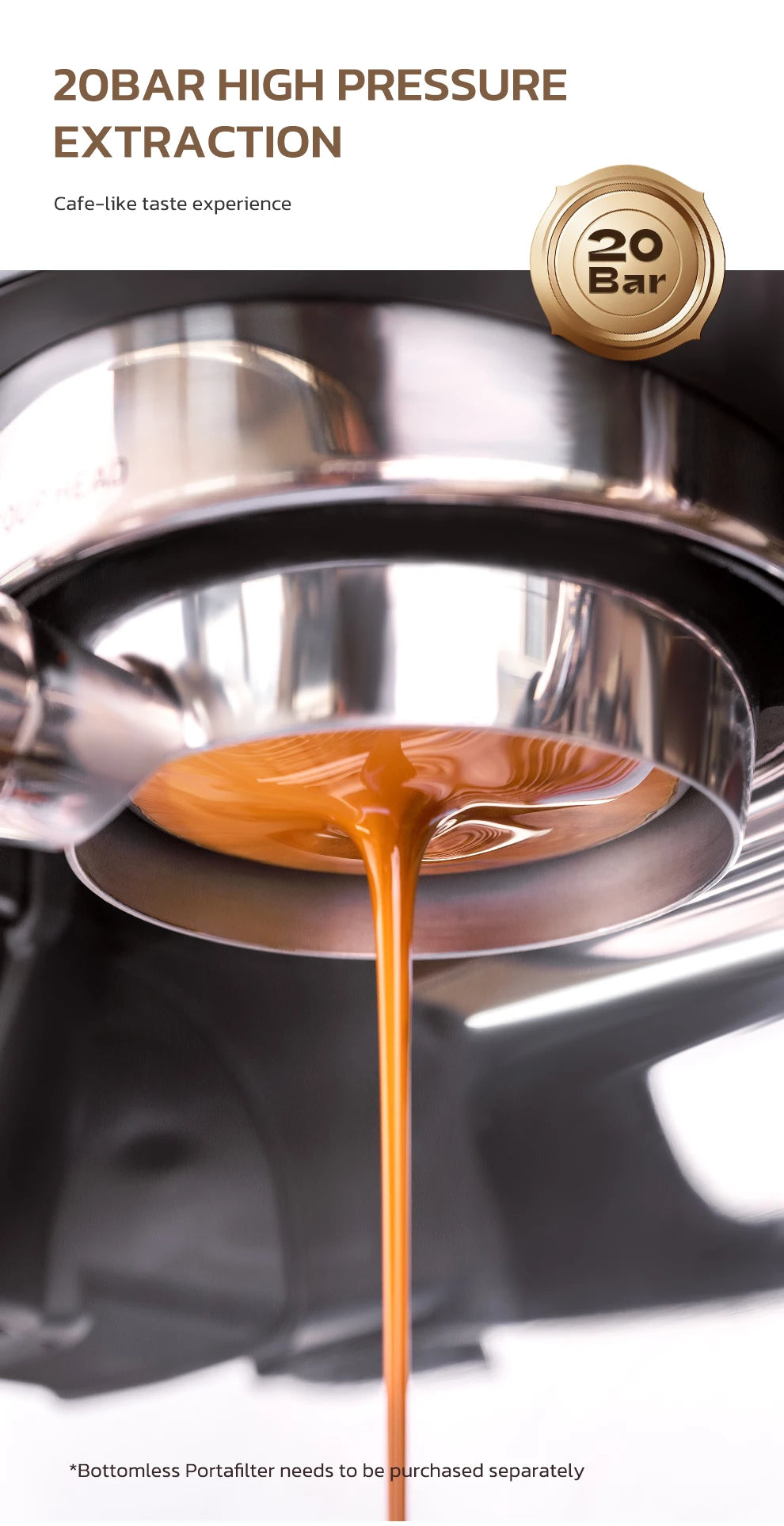 20-bar espresso machine portafilter extracting rich coffee with stainless steel finish for cafe-style brewing.