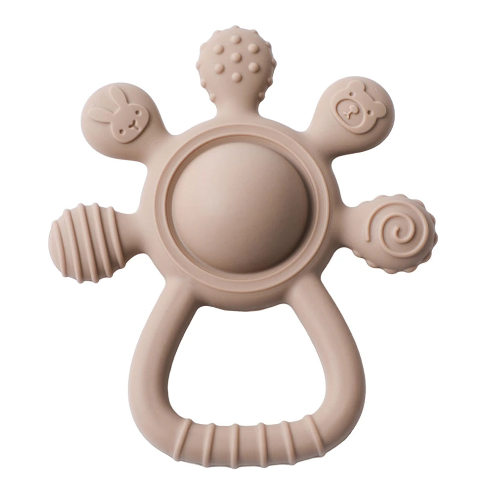 Beige silicone baby teething toy with textured surfaces for soothing gum relief.