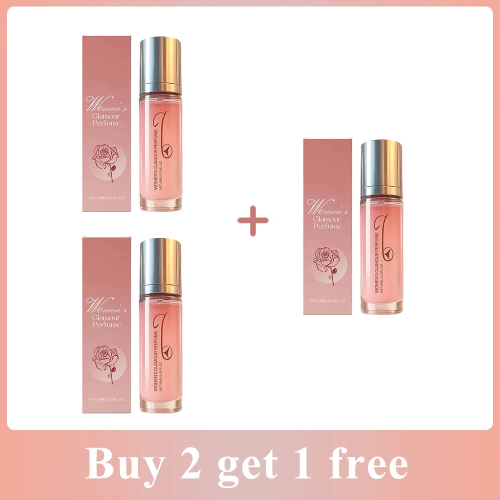 Three 10ml cylindrical glass vials of Women's Glamour Perfume with silver caps and pink boxes featuring a rose icon.