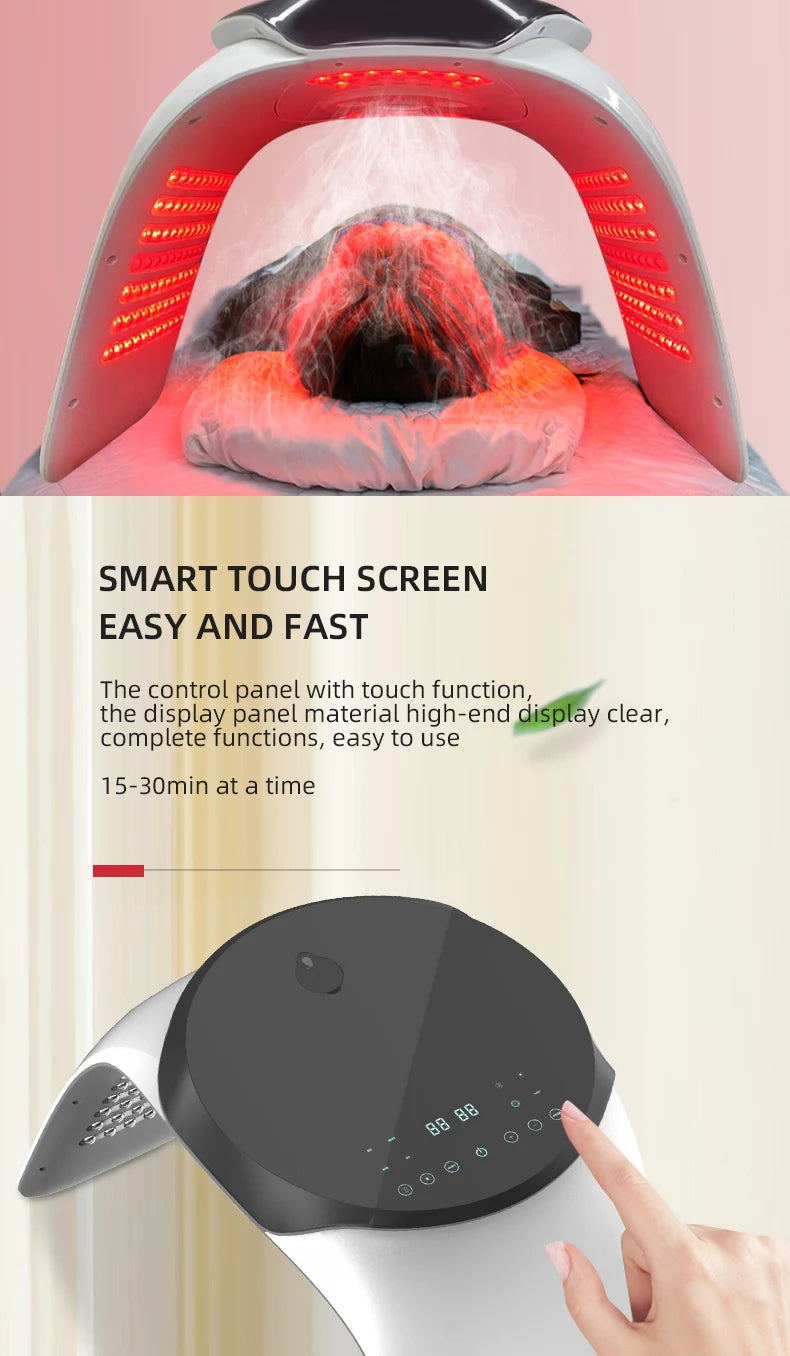7-color LED infrared therapy mask with nano spray, touch screen control panel, and skin rejuvenation tool for home use.