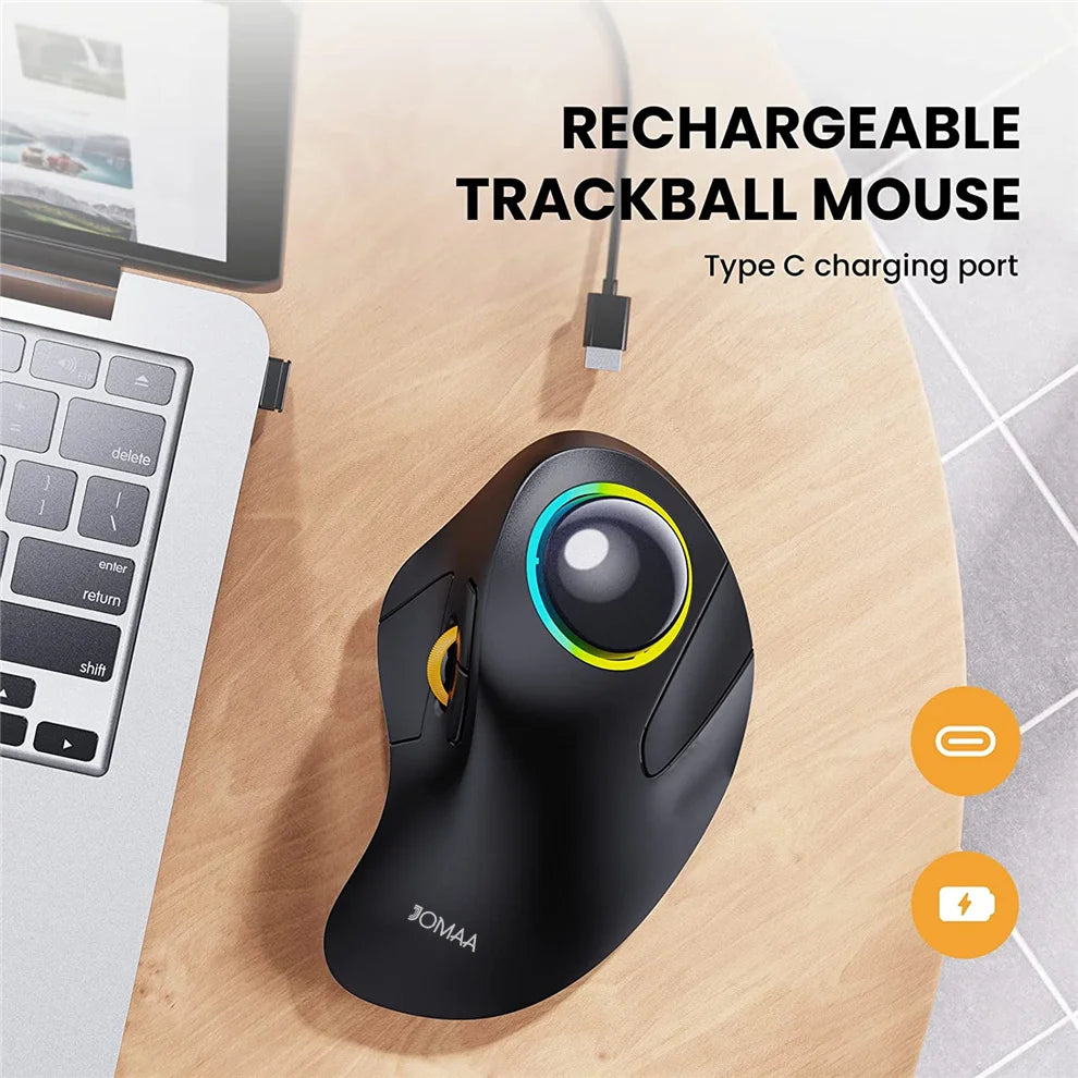 Jomaa RGB Backlit Trackball Mouse Control for Gaming Bluetooth Right Hand Vertical Trackball Mouse for Gamer Windows Mac