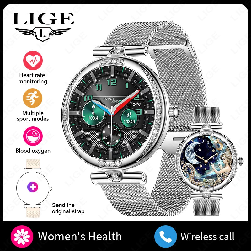 Silver-tone women’s smartwatch with jeweled round display, metal mesh strap
