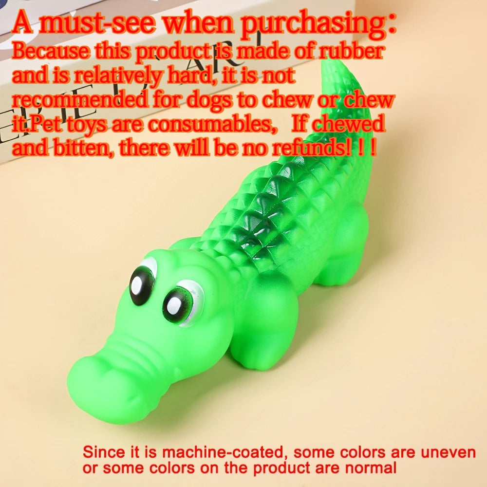 Green rubber crocodile dog toy for interactive play and squeaky fun, ideal for pet games.