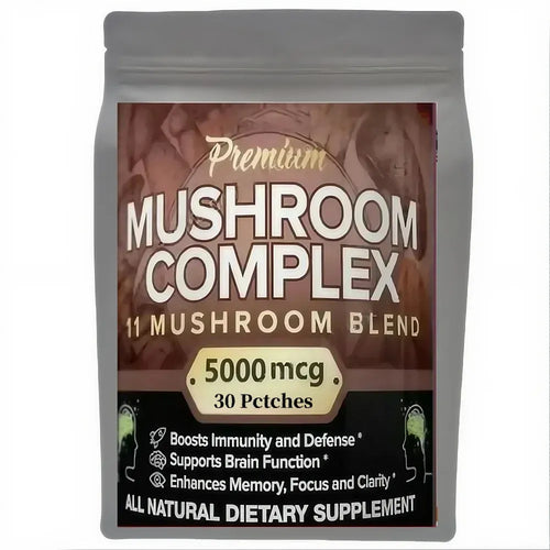 Lions Mane Mushroom transdermal patches 7-blend adaptogen supplement for mushroom coffee lovers, side angle product view.