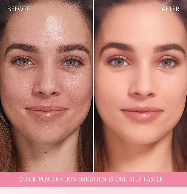 Before and after comparison of a woman's face showing skin brightening and smoothing after using face cream.