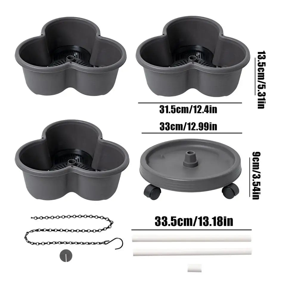 Stackable vertical garden planter pots set with wheels, dark gray pots and lids