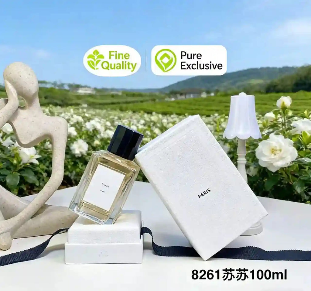 Dansparis 100ml unisex perfume. Sleek square glass bottle, long-lasting natural fragrance in a white luxury gift box.